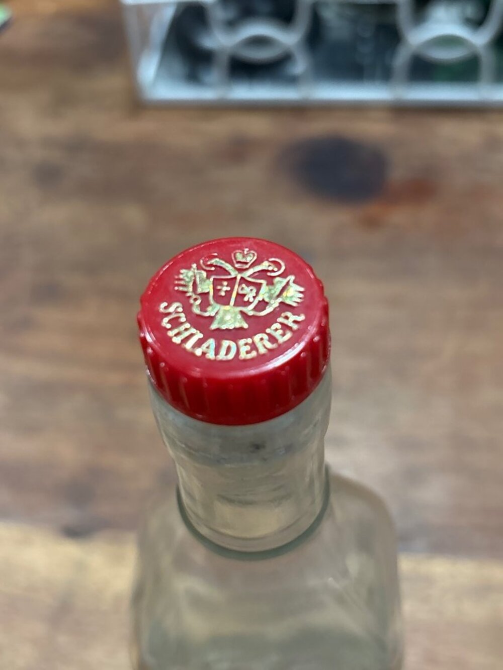 Vintage Schladerer Clear Glass Liquor Bottle With Red Cap Embossed Design - Picture 5 of 7